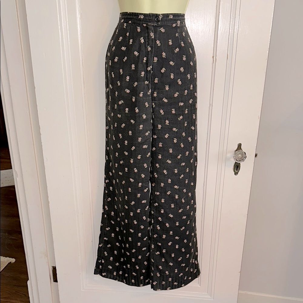 Vintage 70s Patty Woodard black floral fully lined‎ high waisted wide leg pants